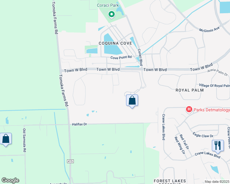 map of restaurants, bars, coffee shops, grocery stores, and more near 5420 Hutchinson Street in Port Orange