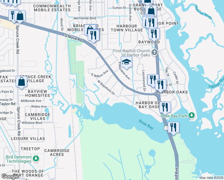 map of restaurants, bars, coffee shops, grocery stores, and more near 5471 West Bayshore Drive in Port Orange