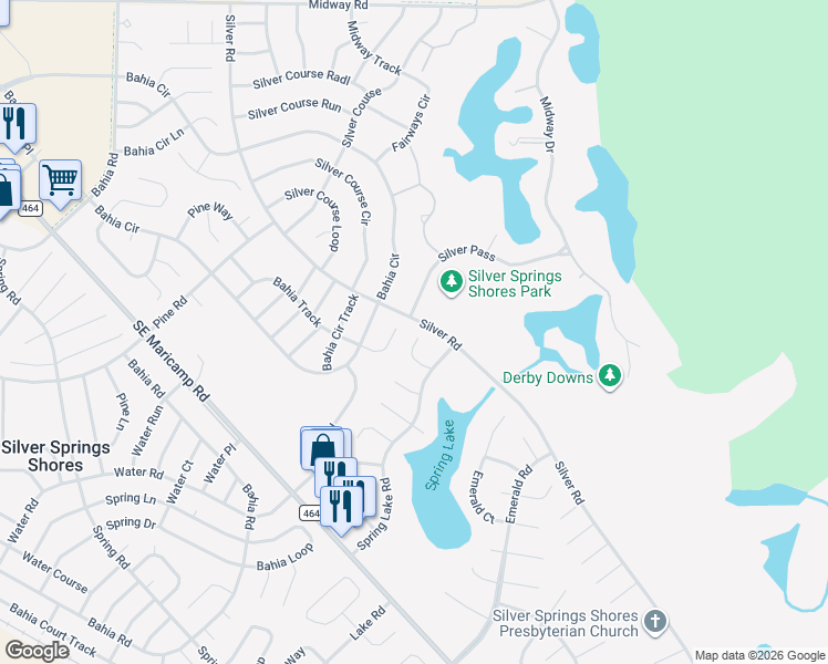 map of restaurants, bars, coffee shops, grocery stores, and more near 8 Spring Lake Place in Ocala