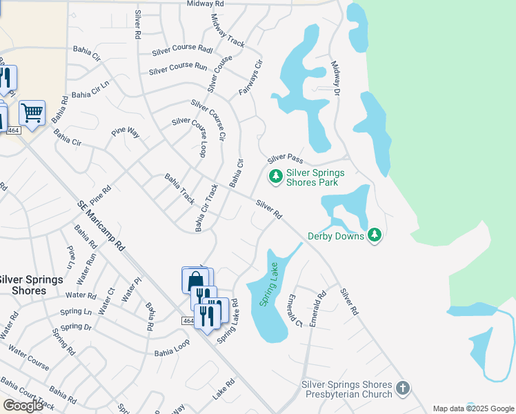 map of restaurants, bars, coffee shops, grocery stores, and more near 8 Spring Lake Place in Ocala