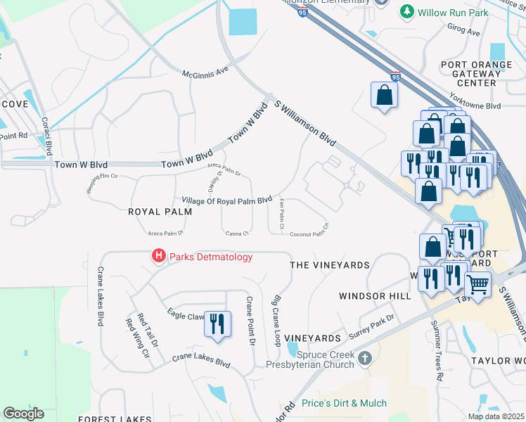 map of restaurants, bars, coffee shops, grocery stores, and more near 5406 Fan Palm Court in Port Orange
