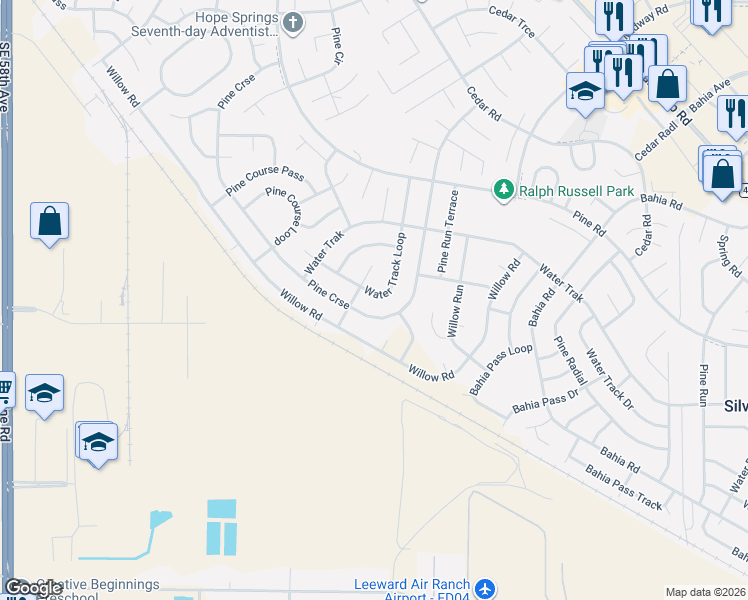 map of restaurants, bars, coffee shops, grocery stores, and more near 47 Water Track Loop in Ocala