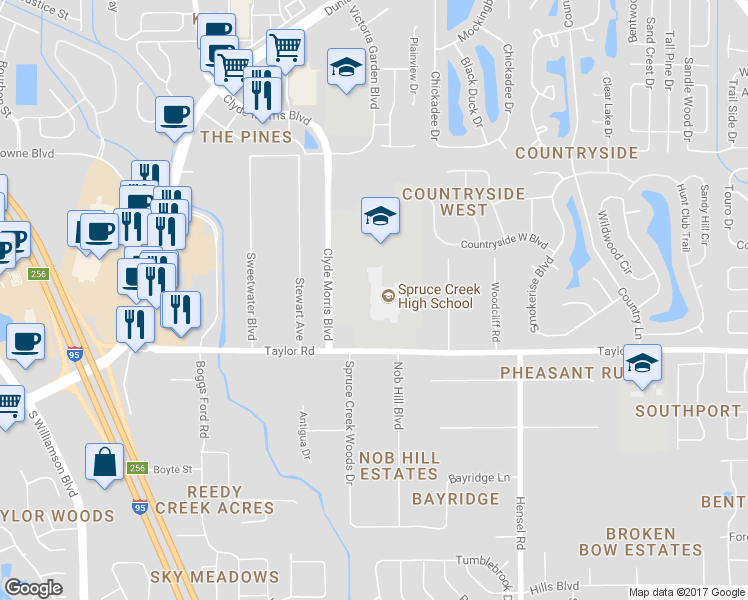 map of restaurants, bars, coffee shops, grocery stores, and more near 801 Taylor Road in Port Orange