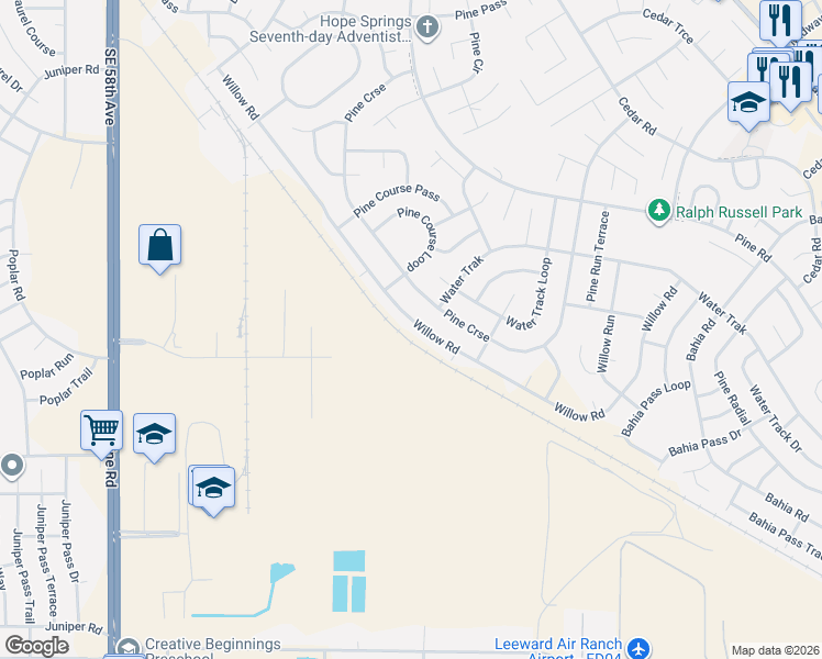 map of restaurants, bars, coffee shops, grocery stores, and more near 92 Willow Road in Ocala