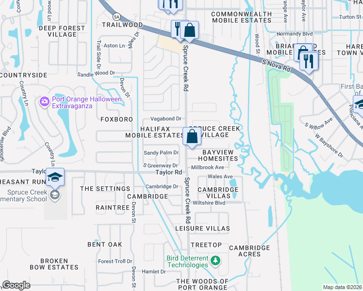 map of restaurants, bars, coffee shops, grocery stores, and more near 490 South Greenway Drive in Port Orange
