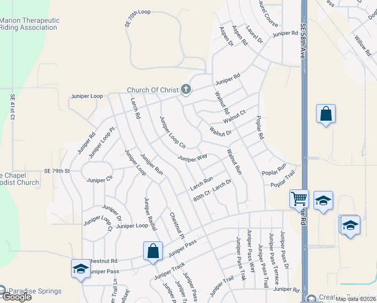 map of restaurants, bars, coffee shops, grocery stores, and more near 82 Juniper Loop Circle in Ocala