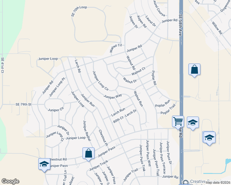 map of restaurants, bars, coffee shops, grocery stores, and more near 165 Juniper Way in Ocala