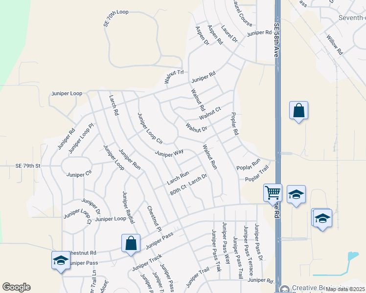 map of restaurants, bars, coffee shops, grocery stores, and more near 165 Juniper Way in Ocala