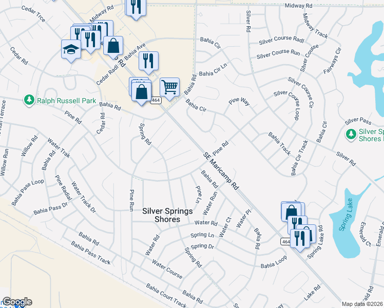 map of restaurants, bars, coffee shops, grocery stores, and more near 18 Spring Radial in Ocala