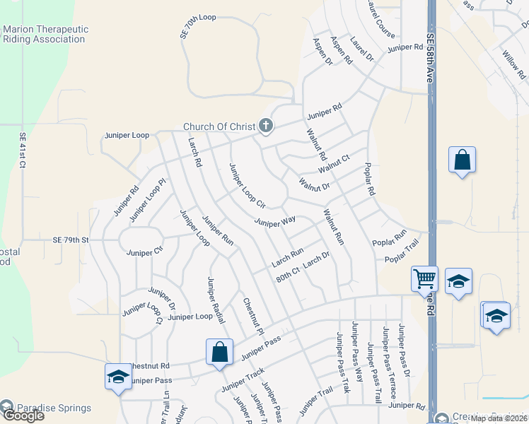 map of restaurants, bars, coffee shops, grocery stores, and more near 82 Juniper Loop Circle in Ocala