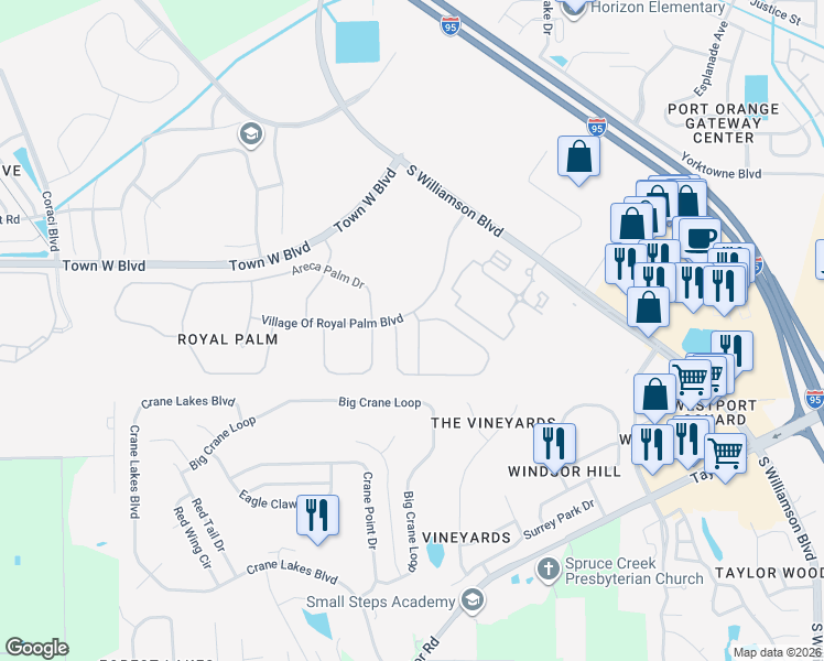 map of restaurants, bars, coffee shops, grocery stores, and more near 5406 Fan Palm Court in Port Orange