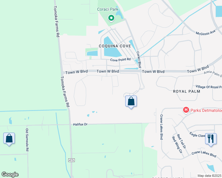 map of restaurants, bars, coffee shops, grocery stores, and more near 5420 Hutchinson Street in Port Orange