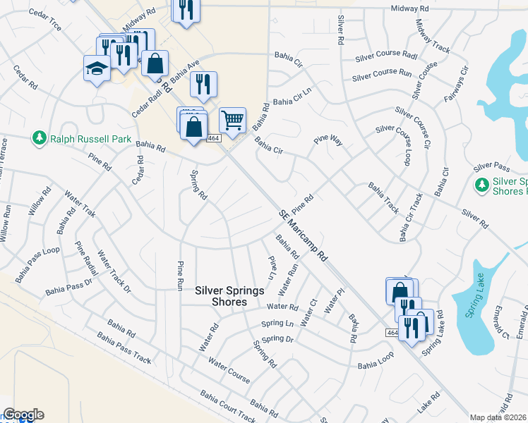 map of restaurants, bars, coffee shops, grocery stores, and more near 18 Spring Radial in Ocala
