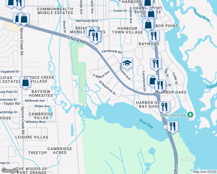 map of restaurants, bars, coffee shops, grocery stores, and more near 5471 West Bayshore Drive in Port Orange