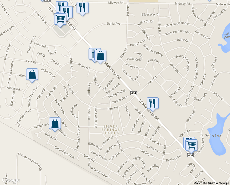 map of restaurants, bars, coffee shops, grocery stores, and more near 7 Spring Radial in Ocala
