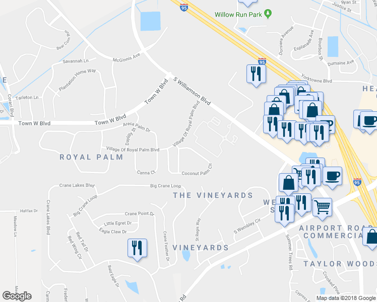 map of restaurants, bars, coffee shops, grocery stores, and more near 1308 Coconut Palm Circle in Port Orange