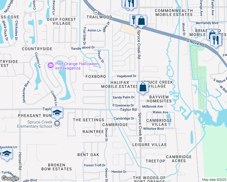 map of restaurants, bars, coffee shops, grocery stores, and more near 471 South Greenway Drive in Port Orange