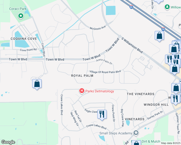 map of restaurants, bars, coffee shops, grocery stores, and more near 1684 Areca Palm Drive in Port Orange