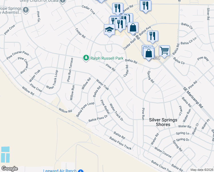 map of restaurants, bars, coffee shops, grocery stores, and more near 18 Pine Radial in Ocala