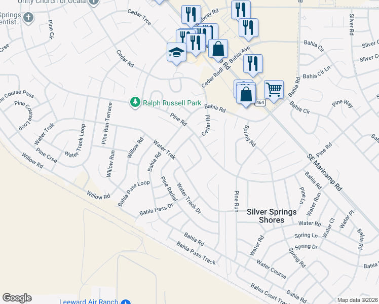 map of restaurants, bars, coffee shops, grocery stores, and more near 9 Pine Radial Court in Ocala