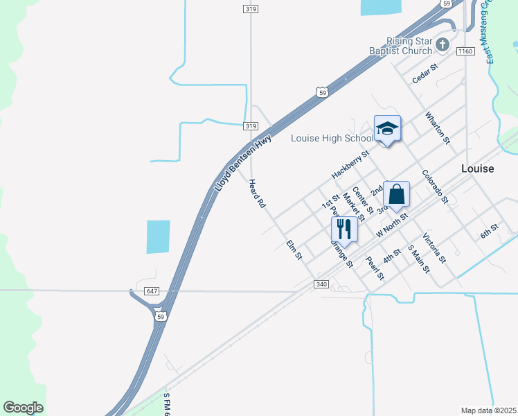 map of restaurants, bars, coffee shops, grocery stores, and more near 517 Elm Street in Louise