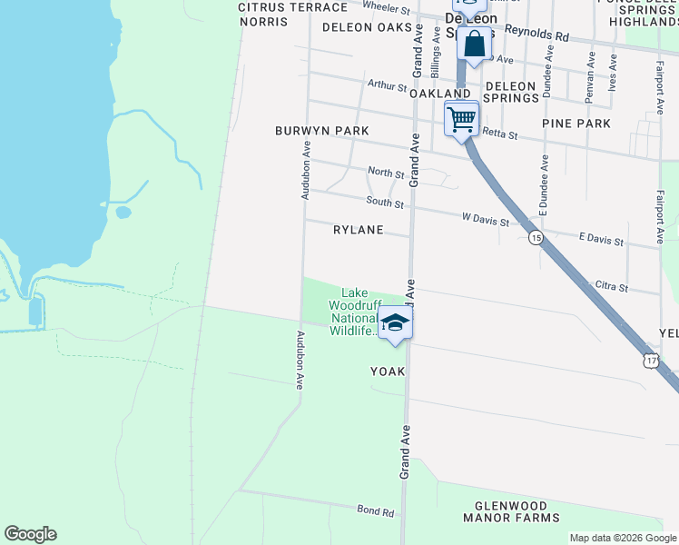 map of restaurants, bars, coffee shops, grocery stores, and more near 4525 Audubon Avenue in De Leon Springs