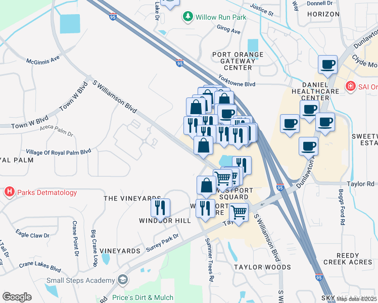 map of restaurants, bars, coffee shops, grocery stores, and more near 5401 South Williamson Boulevard in Port Orange