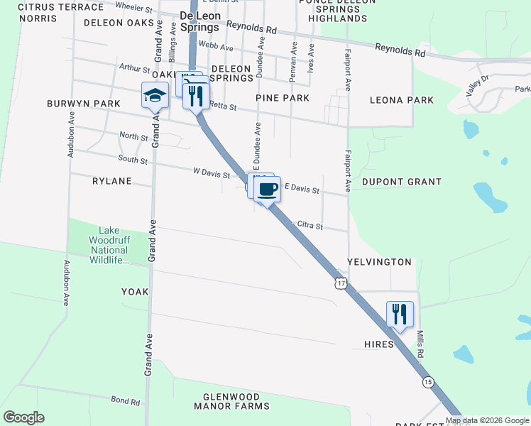 map of restaurants, bars, coffee shops, grocery stores, and more near 4640 U.S. 17 in De Leon Springs