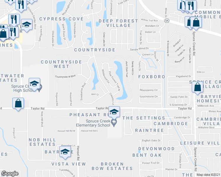 map of restaurants, bars, coffee shops, grocery stores, and more near 840 Wildwood Circle in Port Orange