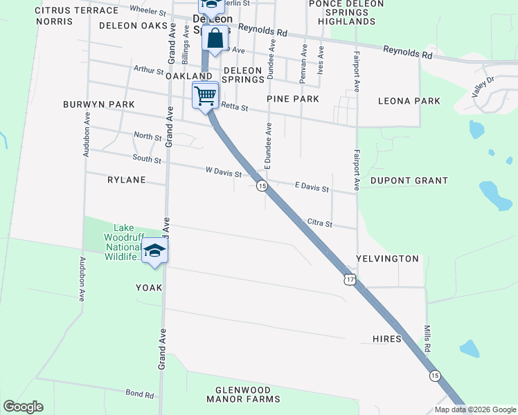 map of restaurants, bars, coffee shops, grocery stores, and more near 4640 U.S. 17 in De Leon Springs