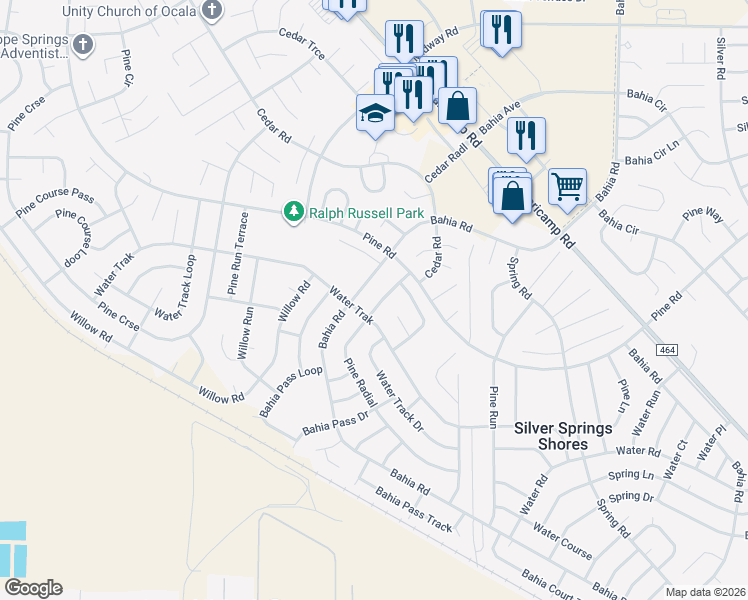 map of restaurants, bars, coffee shops, grocery stores, and more near 18 Pine Radial in Ocala
