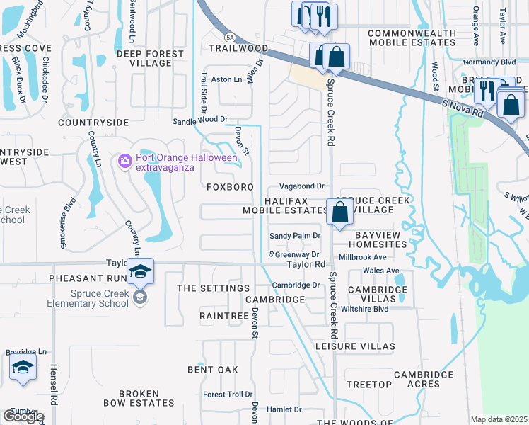 map of restaurants, bars, coffee shops, grocery stores, and more near 471 South Greenway Drive in Port Orange