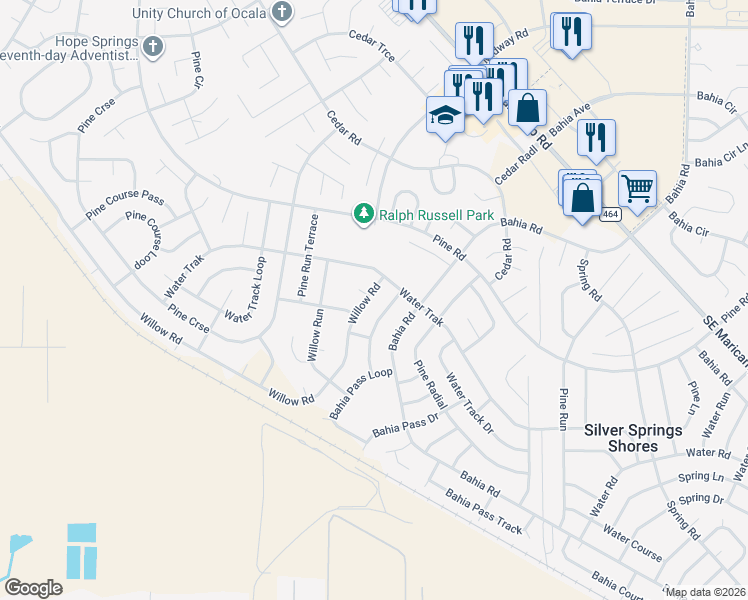 map of restaurants, bars, coffee shops, grocery stores, and more near 17 Water Track Trail in Ocala