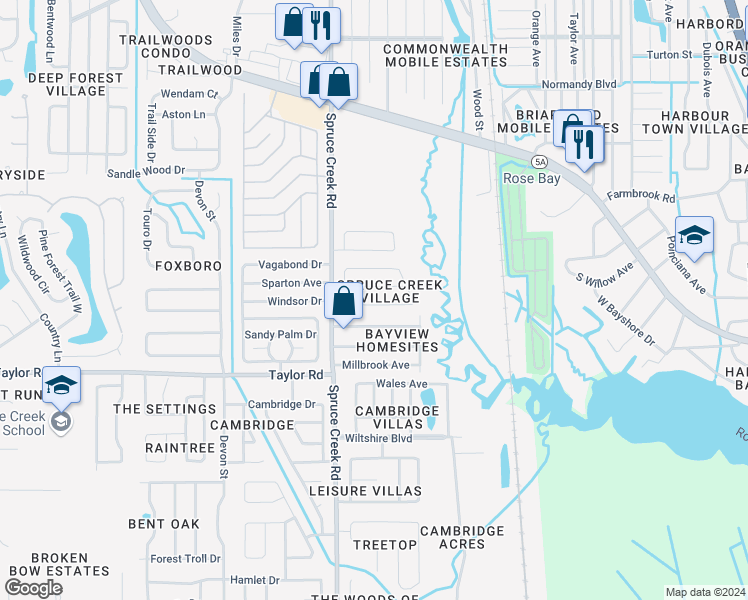 map of restaurants, bars, coffee shops, grocery stores, and more near 424 Leslie Drive in Port Orange