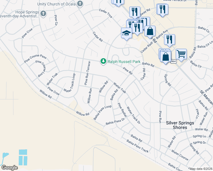 map of restaurants, bars, coffee shops, grocery stores, and more near 17 Water Track Trail in Ocala