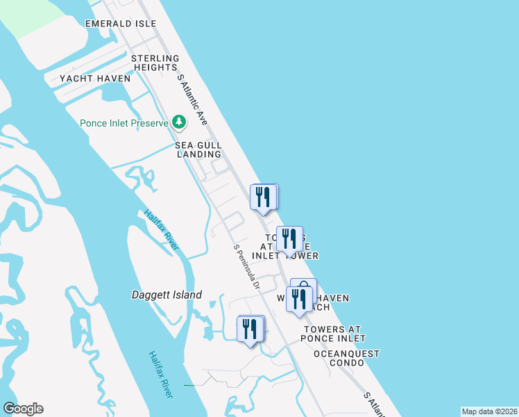 map of restaurants, bars, coffee shops, grocery stores, and more near 4505 South Atlantic Avenue in Ponce Inlet