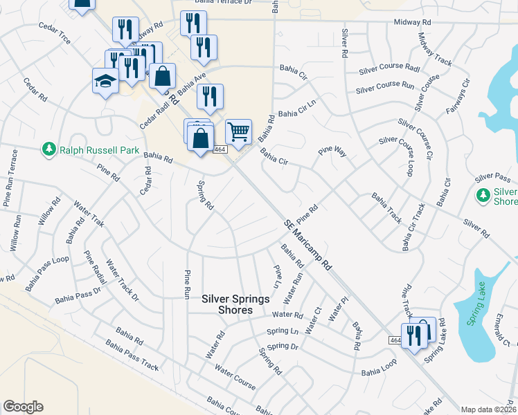 map of restaurants, bars, coffee shops, grocery stores, and more near 18 Spring Radial in Ocala