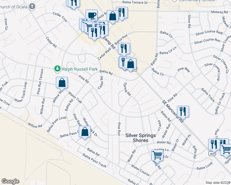 map of restaurants, bars, coffee shops, grocery stores, and more near 8 Bahia Terrace in Ocala