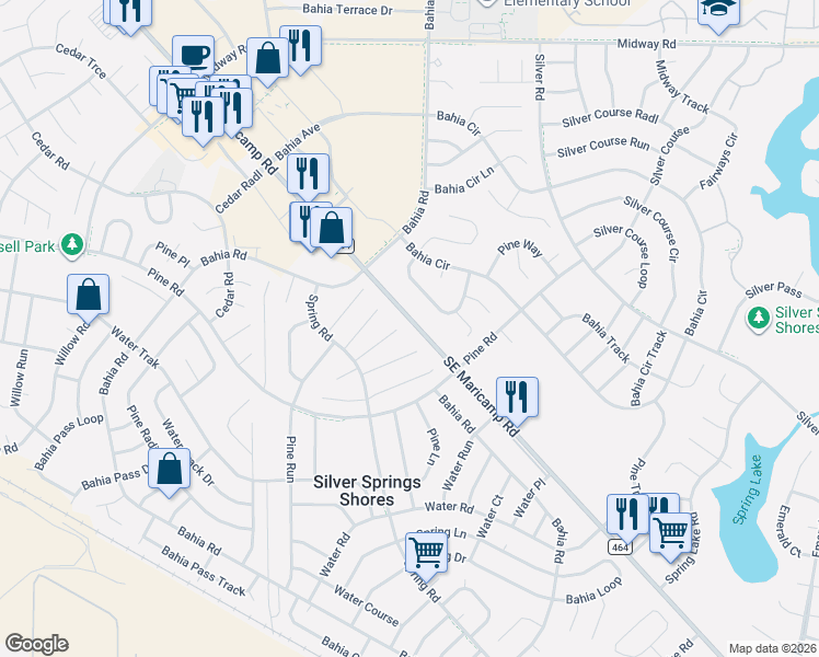 map of restaurants, bars, coffee shops, grocery stores, and more near 17 Bahia Circle Loop in Ocala