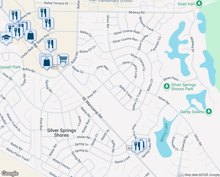 map of restaurants, bars, coffee shops, grocery stores, and more near 301 Bahia Track in Ocala