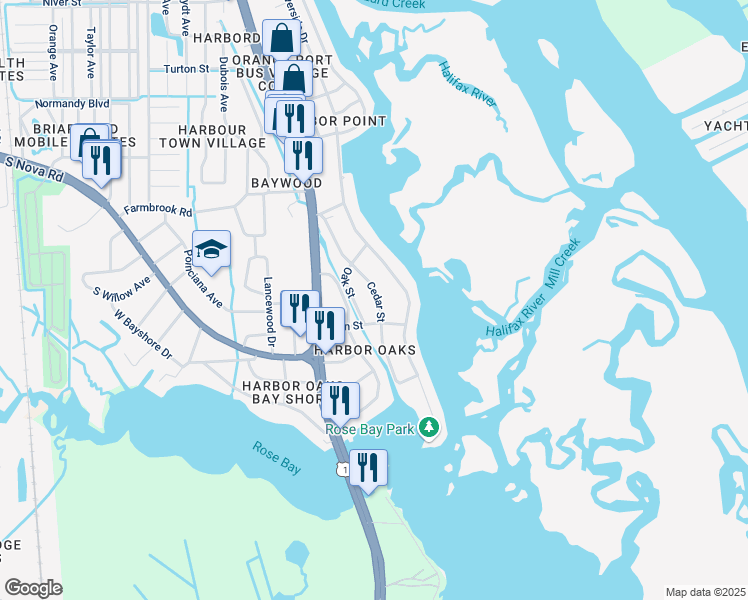 map of restaurants, bars, coffee shops, grocery stores, and more near 38 Cedar Street in Port Orange