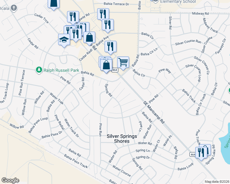 map of restaurants, bars, coffee shops, grocery stores, and more near 7 Spring Place in Ocala