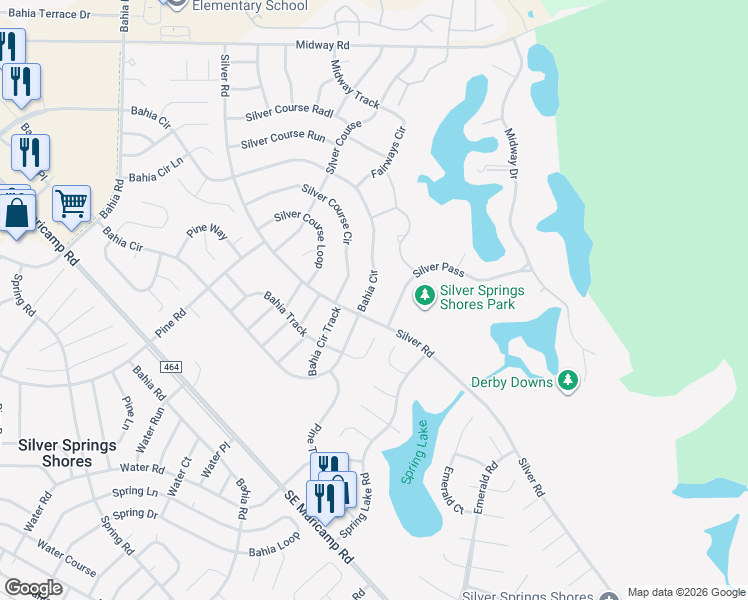 map of restaurants, bars, coffee shops, grocery stores, and more near 607 Bahia Circle in Ocala