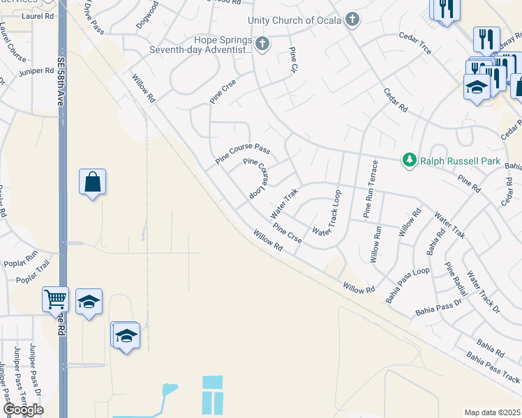 map of restaurants, bars, coffee shops, grocery stores, and more near 104 Pine Course in Ocala