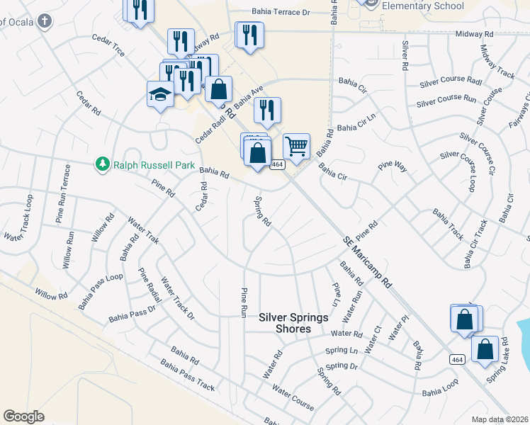 map of restaurants, bars, coffee shops, grocery stores, and more near 9278 Spring Road in Ocala