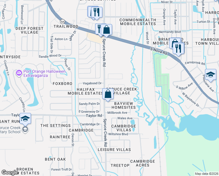 map of restaurants, bars, coffee shops, grocery stores, and more near 500 Leslie Drive in Port Orange