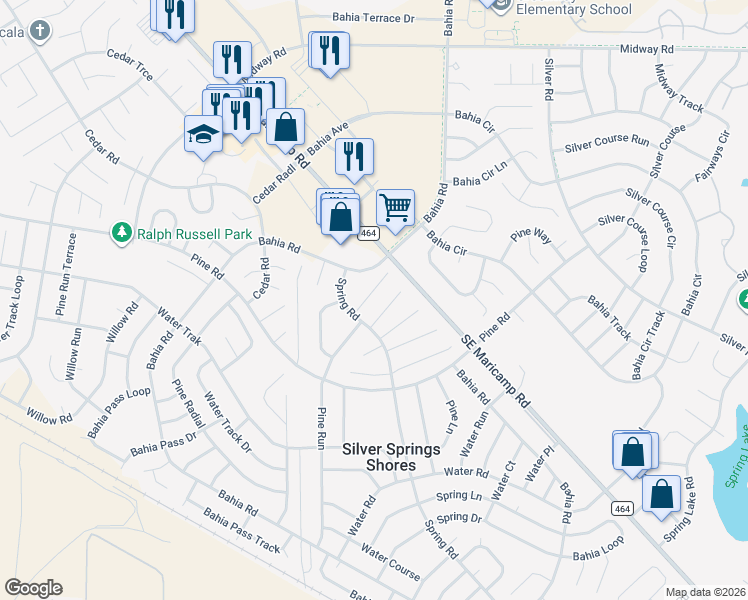 map of restaurants, bars, coffee shops, grocery stores, and more near 7 Spring Place in Ocala