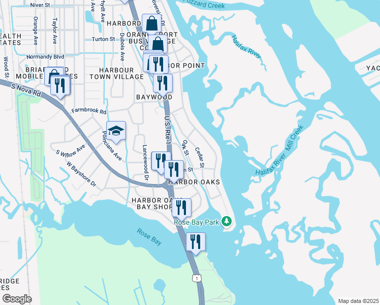map of restaurants, bars, coffee shops, grocery stores, and more near 15 Oak Street in Port Orange