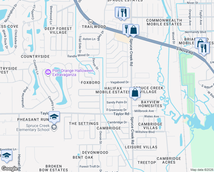 map of restaurants, bars, coffee shops, grocery stores, and more near 1280 Sparton Avenue in Port Orange