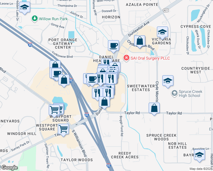 map of restaurants, bars, coffee shops, grocery stores, and more near 1731 Dunlawton Avenue in Port Orange